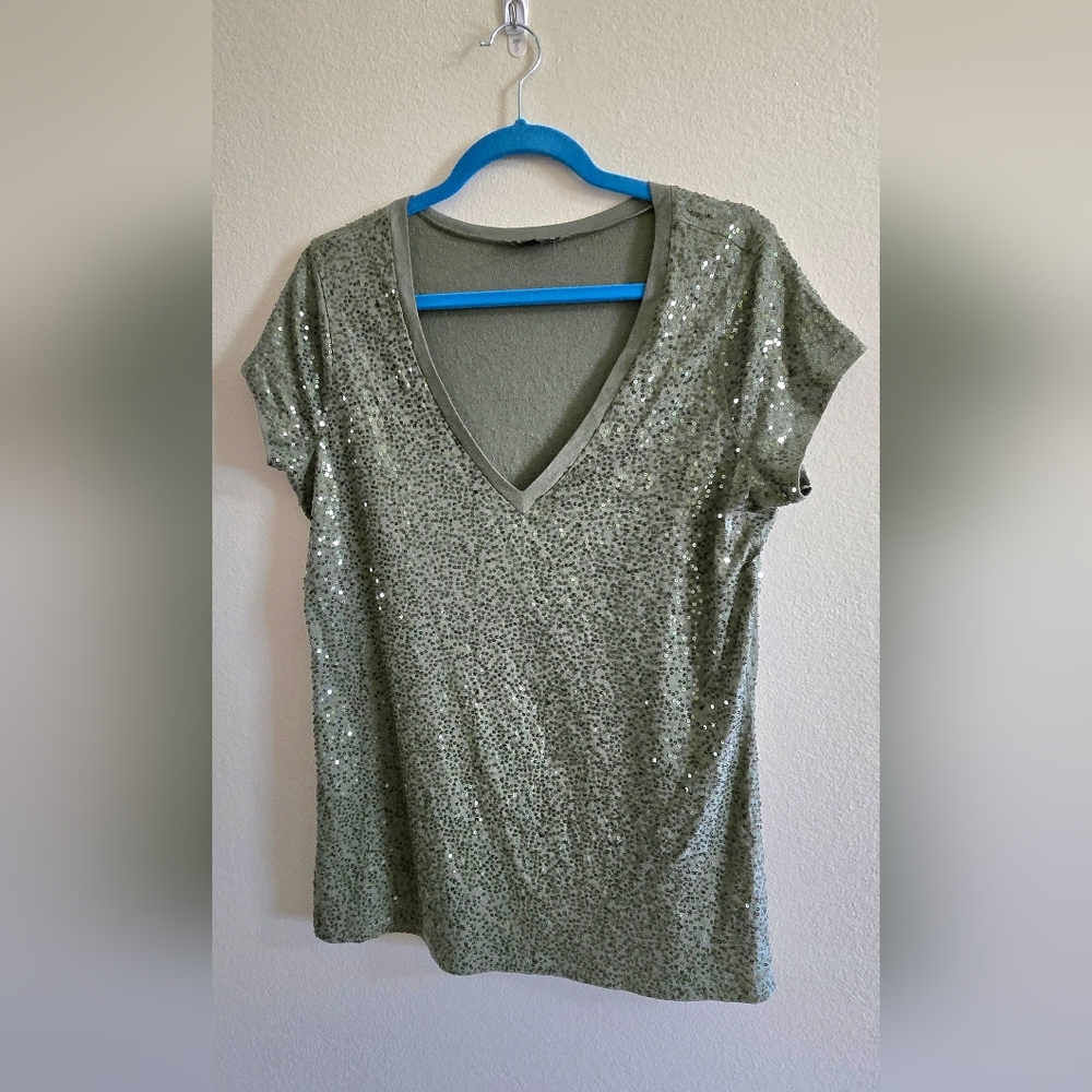 Sequin V-Neck Women Top - Olive Green